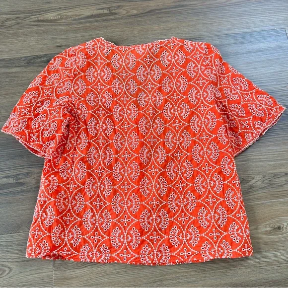 Sezane Antika Blouse Ecru On Coral 38 Fr US 6 Embroidered Button V-Neck Eyelet - Picture 6 of 11